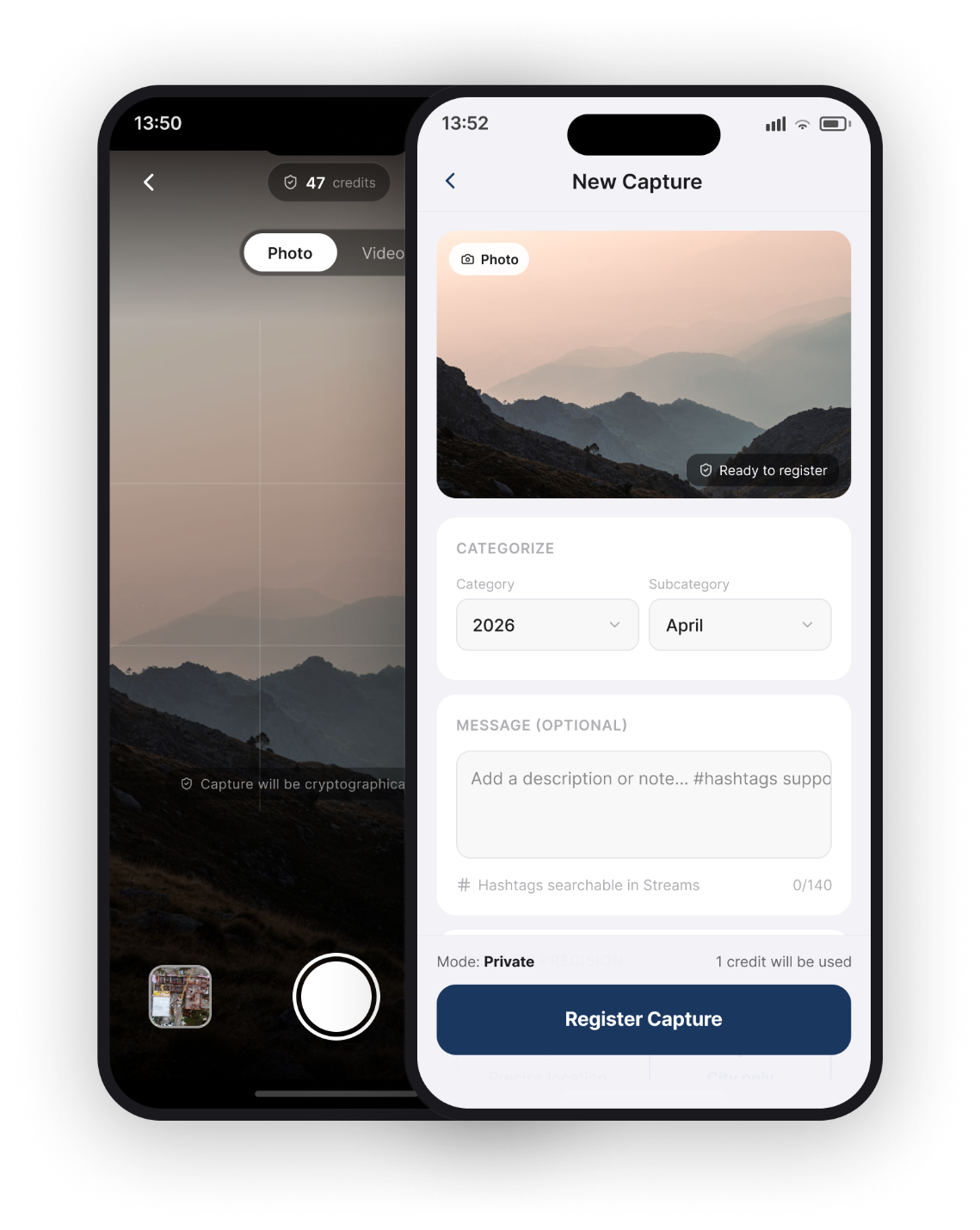 Intacta app showing verified capture interface
