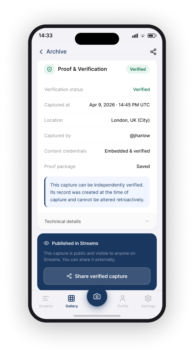 Proof and verification detail showing verified timestamp, location, and content credentials