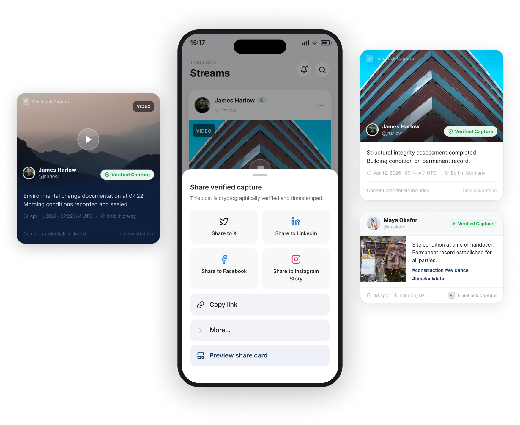 Share card and external sharing options for verified captures across social platforms