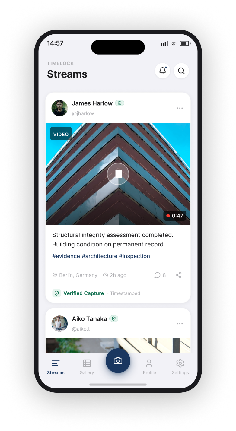 Streams feed showing verified public captures with timestamps and locations